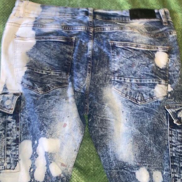 AHP Another Hype Piece super distressed fringed buckle paint splash stretch jean - Picture 5 of 13